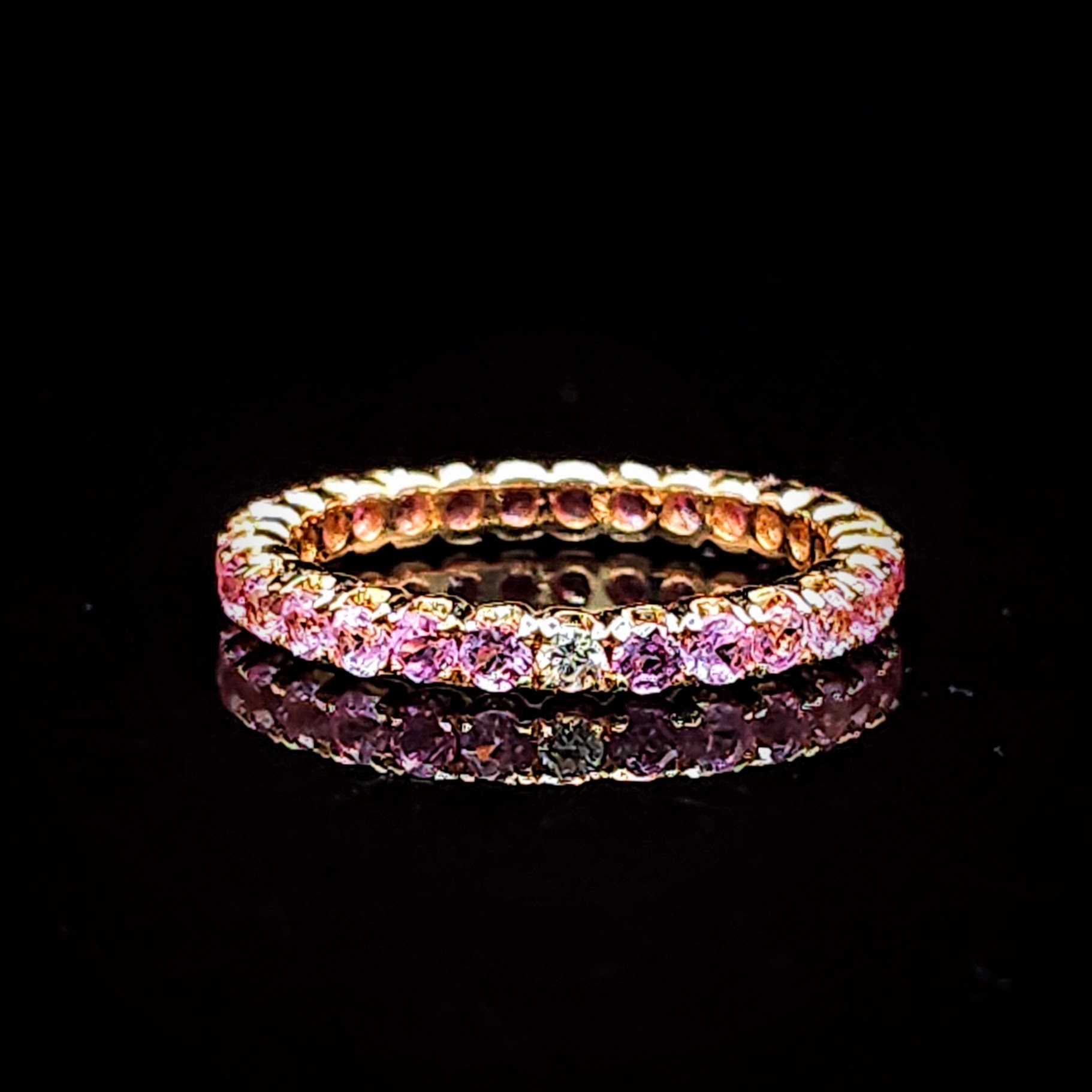 全新18K玫瑰金1卡25份天然粉紅藍寶石配3份鑽石全圈戒指