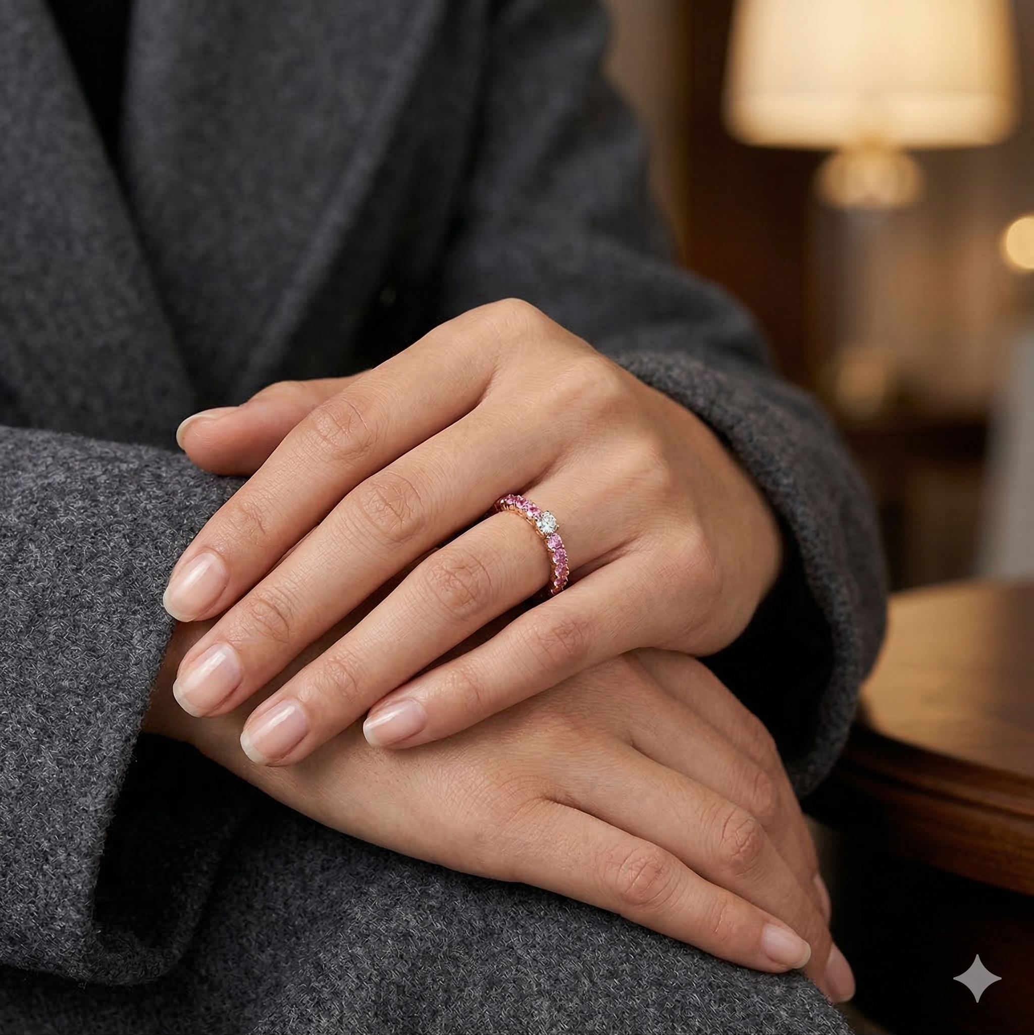 全新18K玫瑰金1卡25份天然粉紅藍寶石配3份鑽石全圈戒指