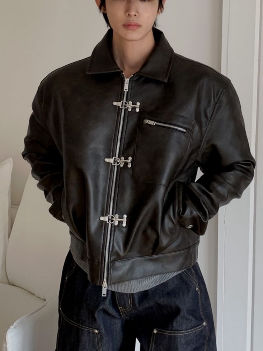 淨色反領合成皮褸 OUR-174JK