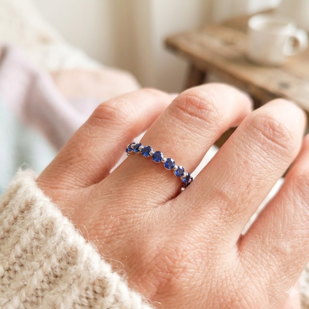 全新18K白金1卡61份藍寶石全圈戒指