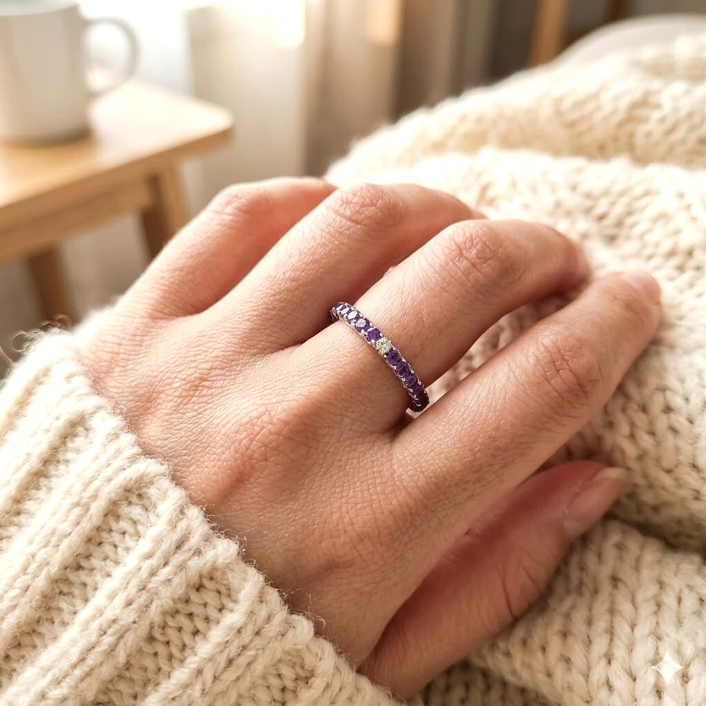 全新18K白金約1卡紫晶配鑽石全圈戒指