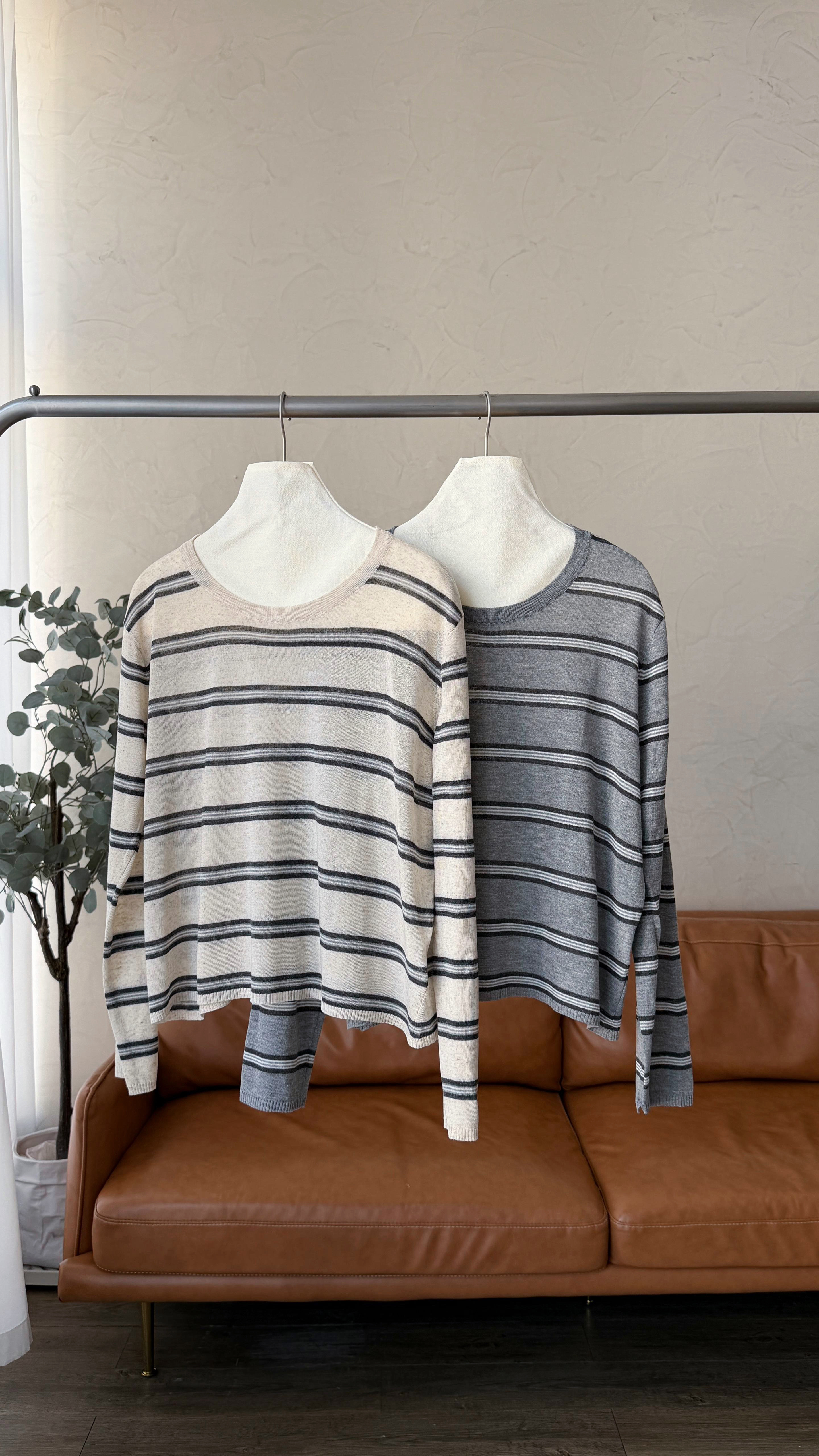 KR496 無印風拼色橫暗薄線TOP-2色