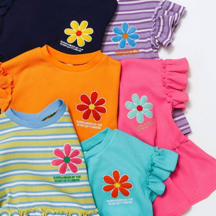 日本 90-140 花朵貼布荷葉上衣 6色