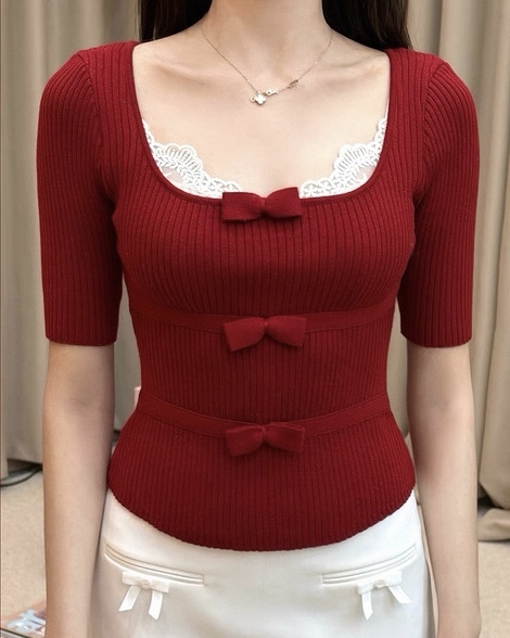 設計師家大圓領蝴蝶結收腰針織上衣