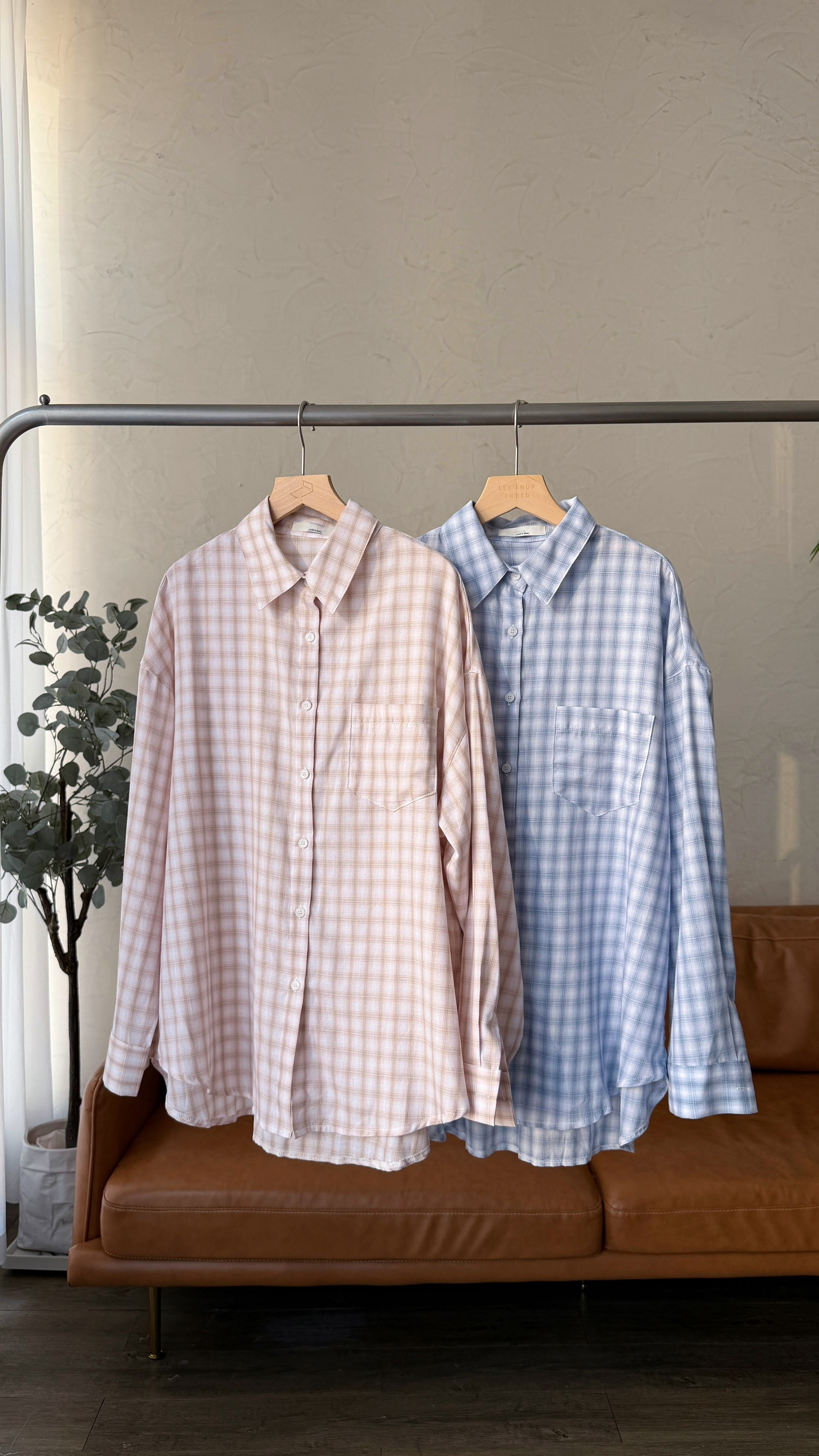 KR507 薄薄拼色格仔恤衫外套-2色