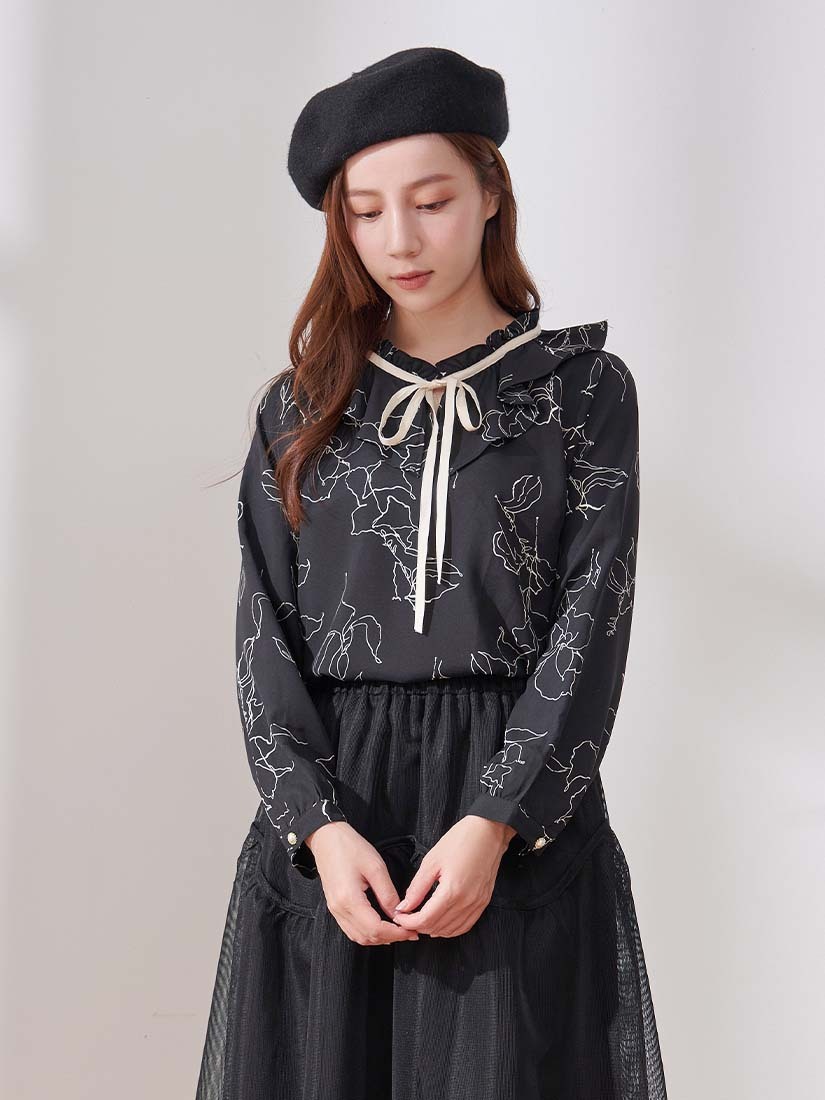 印花荷葉領厚雪紡上衣