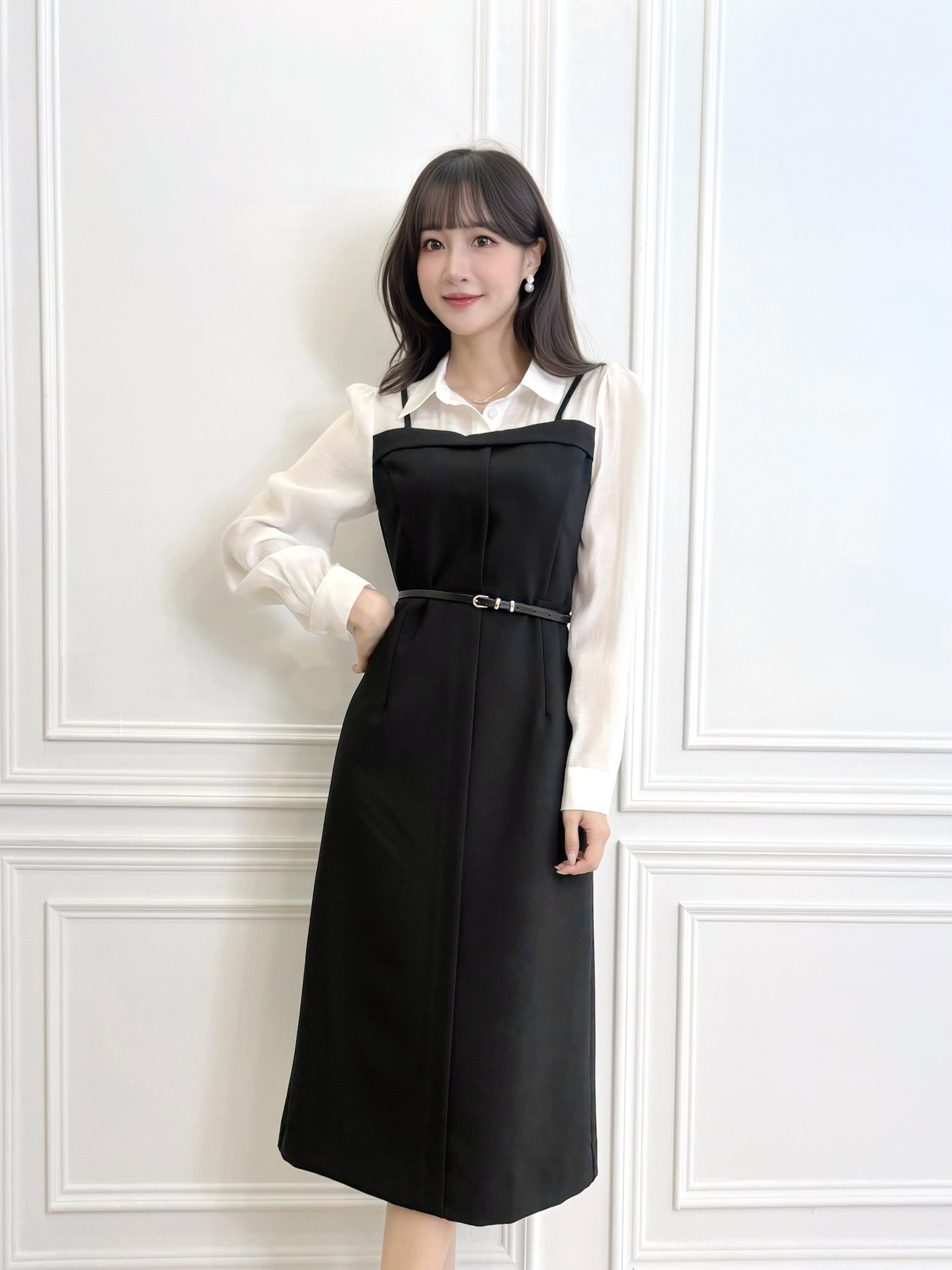 拼接襯衫細肩帶順身洋