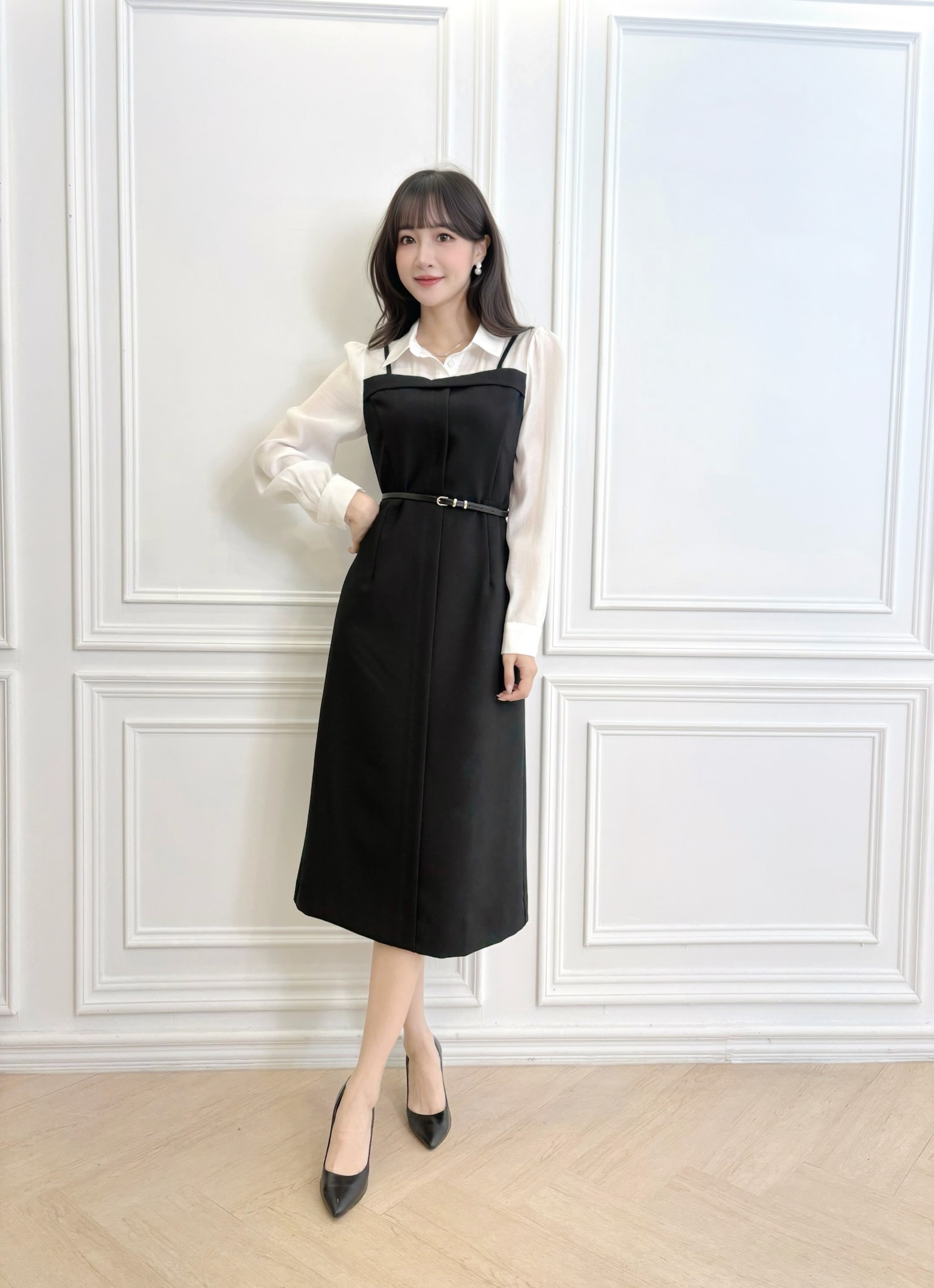 拼接襯衫細肩帶順身洋