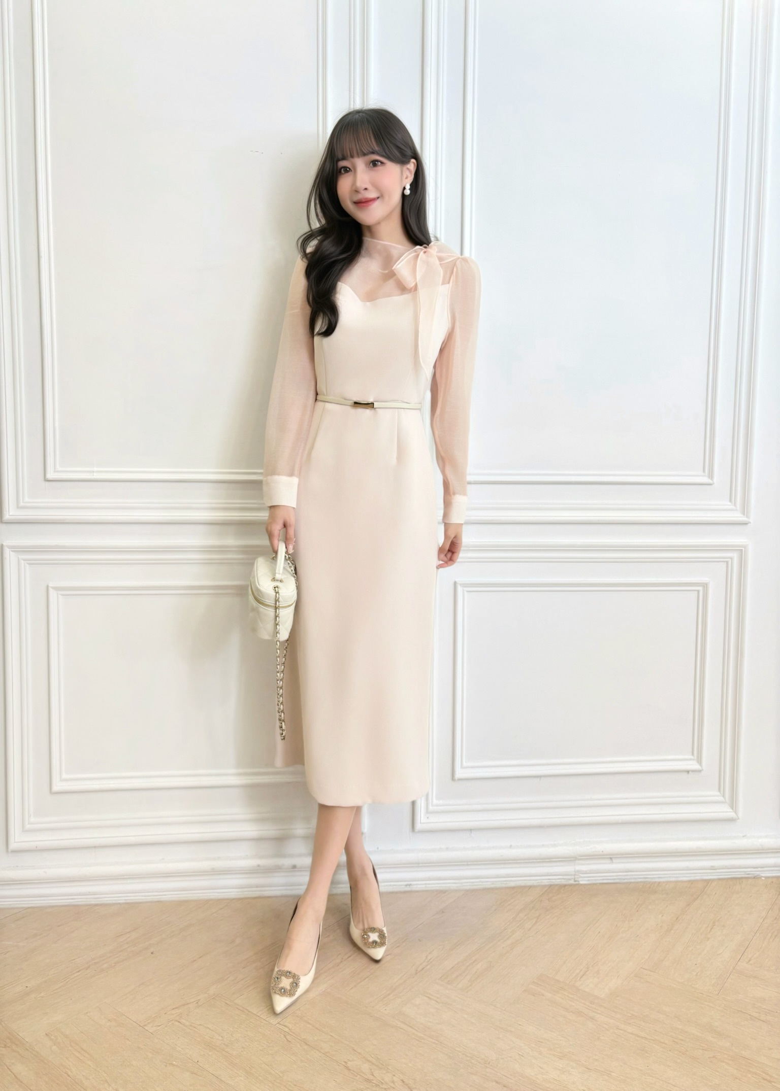 絕美領透紗綁帶合身洋