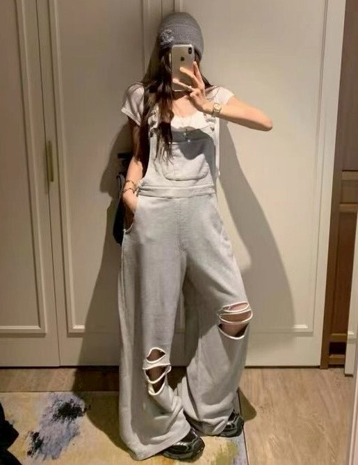 帥氣割破棉質吊帶寬褲