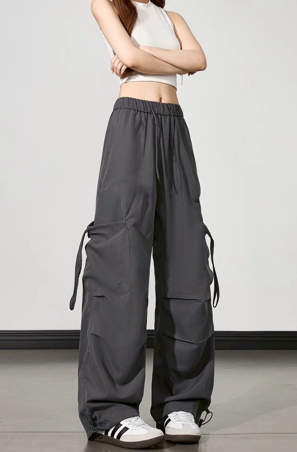 側鬆緊口袋綁繩工裝褲