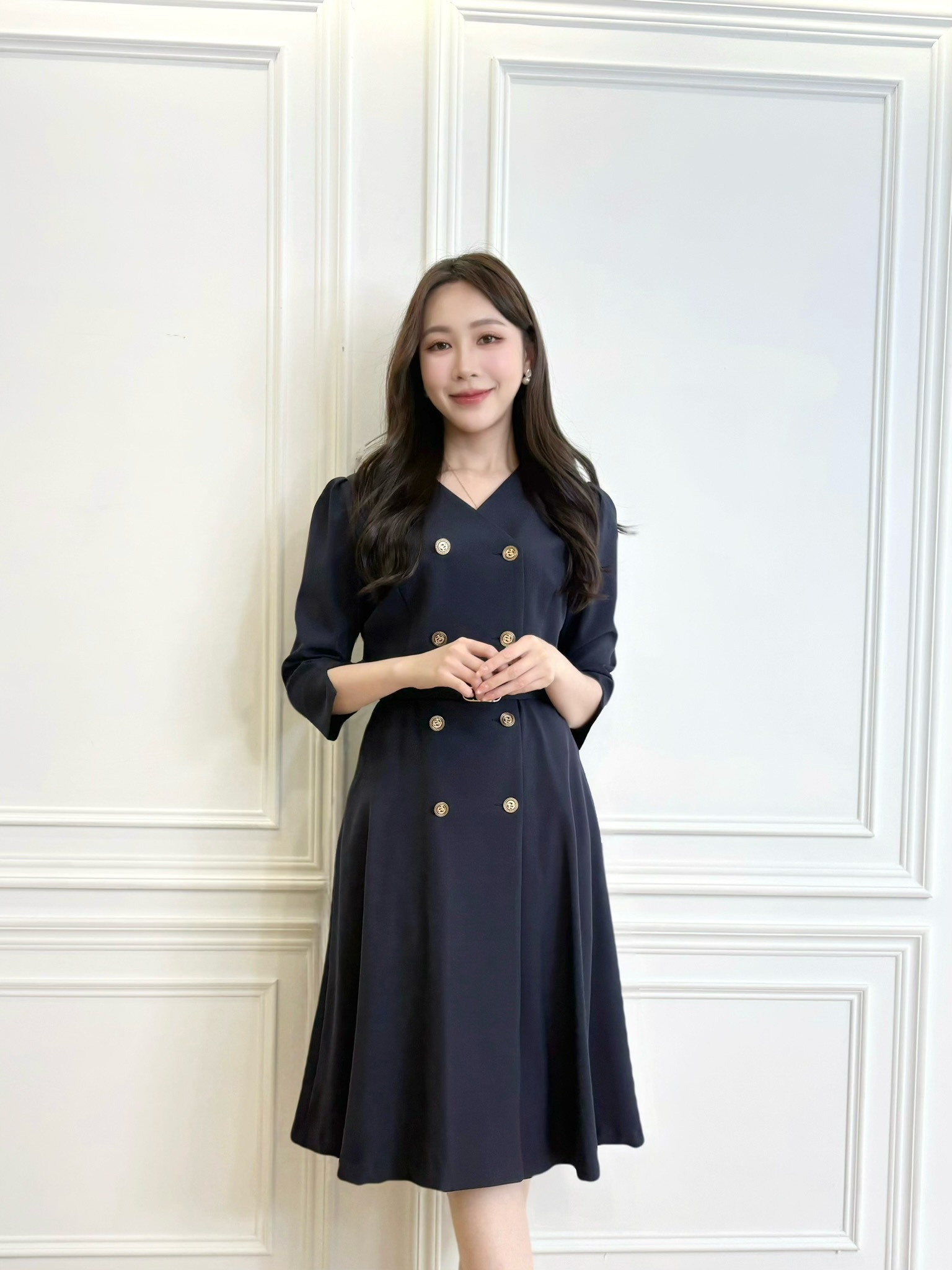 七分袖雙排釦腰帶傘洋