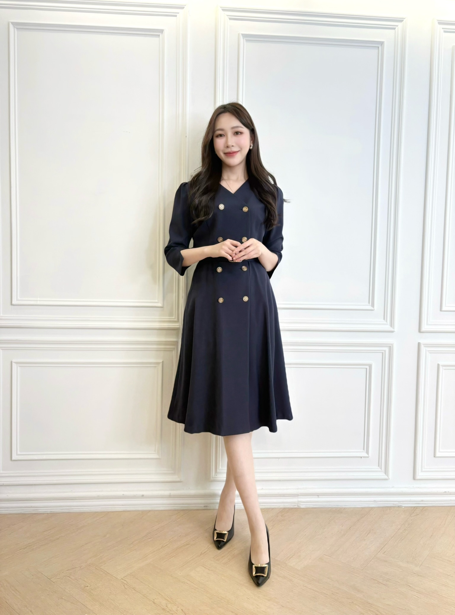 七分袖雙排釦腰帶傘洋