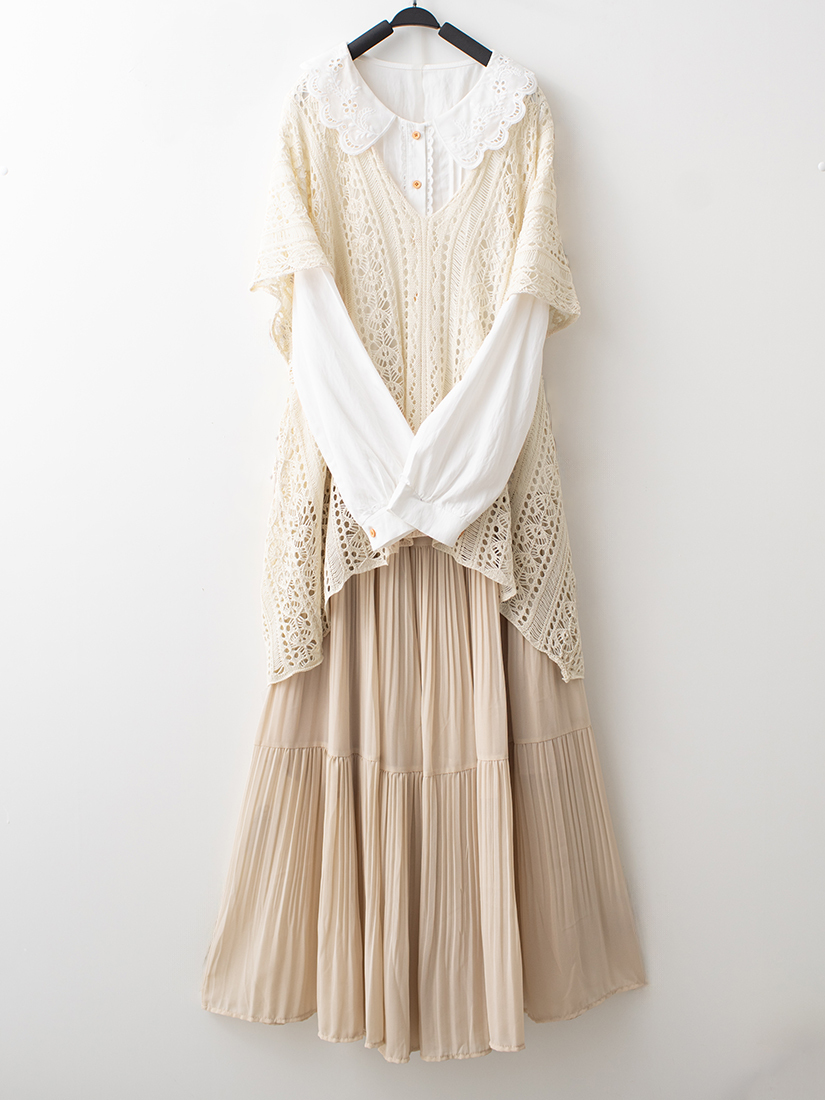 簍空針織罩衫蕾絲繡花領襯衫雪紡壓褶蛋糕長裙組合