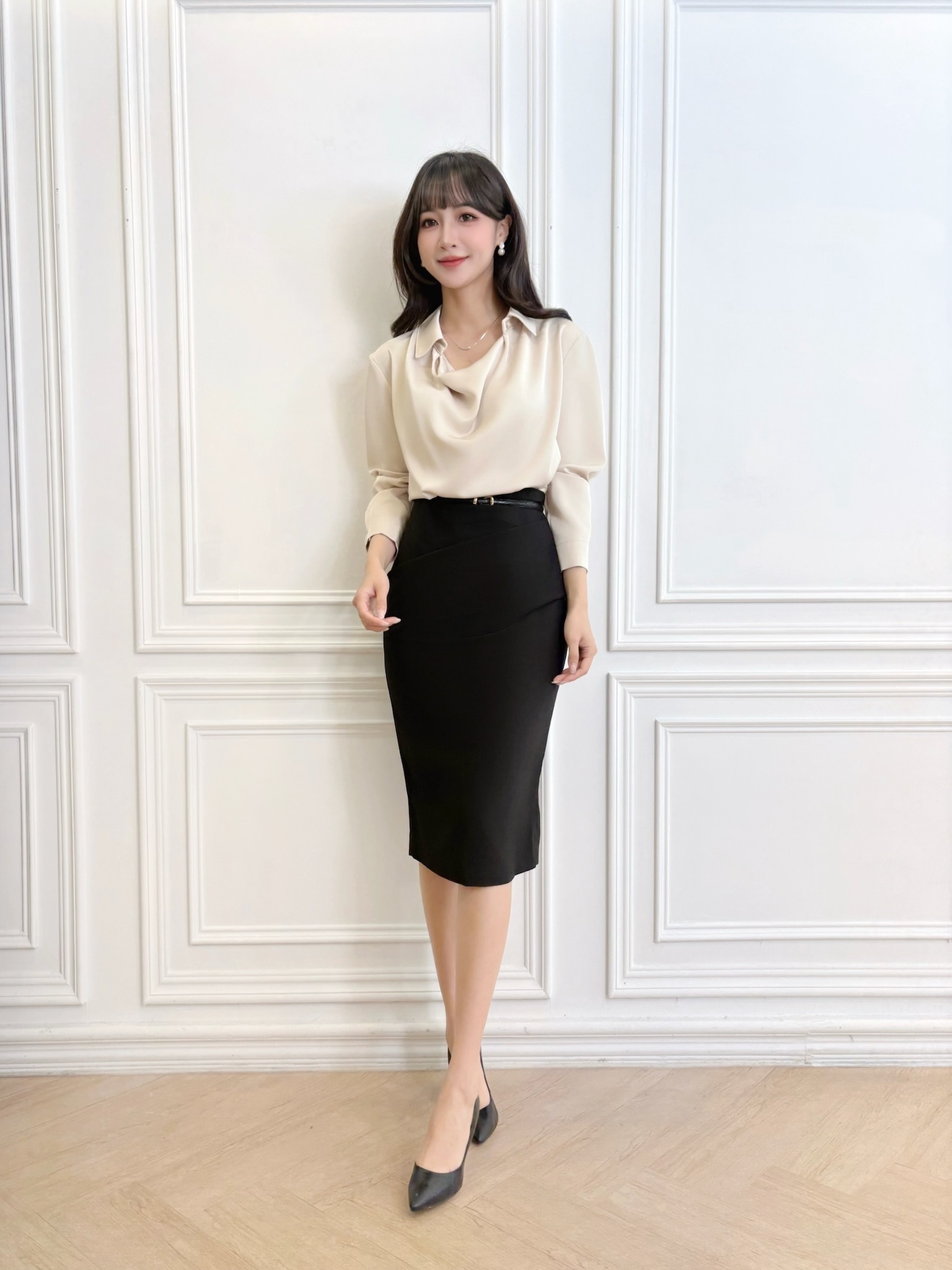 (職場必備)側抓皺合身窄裙