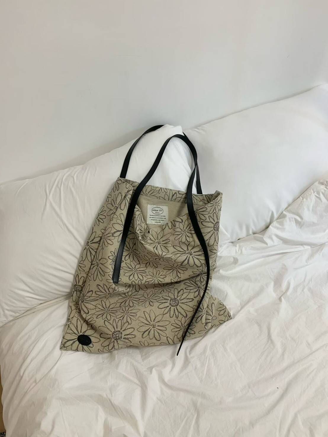 JEY 手繪花朵皮革肩帶棉質帆布包(大)