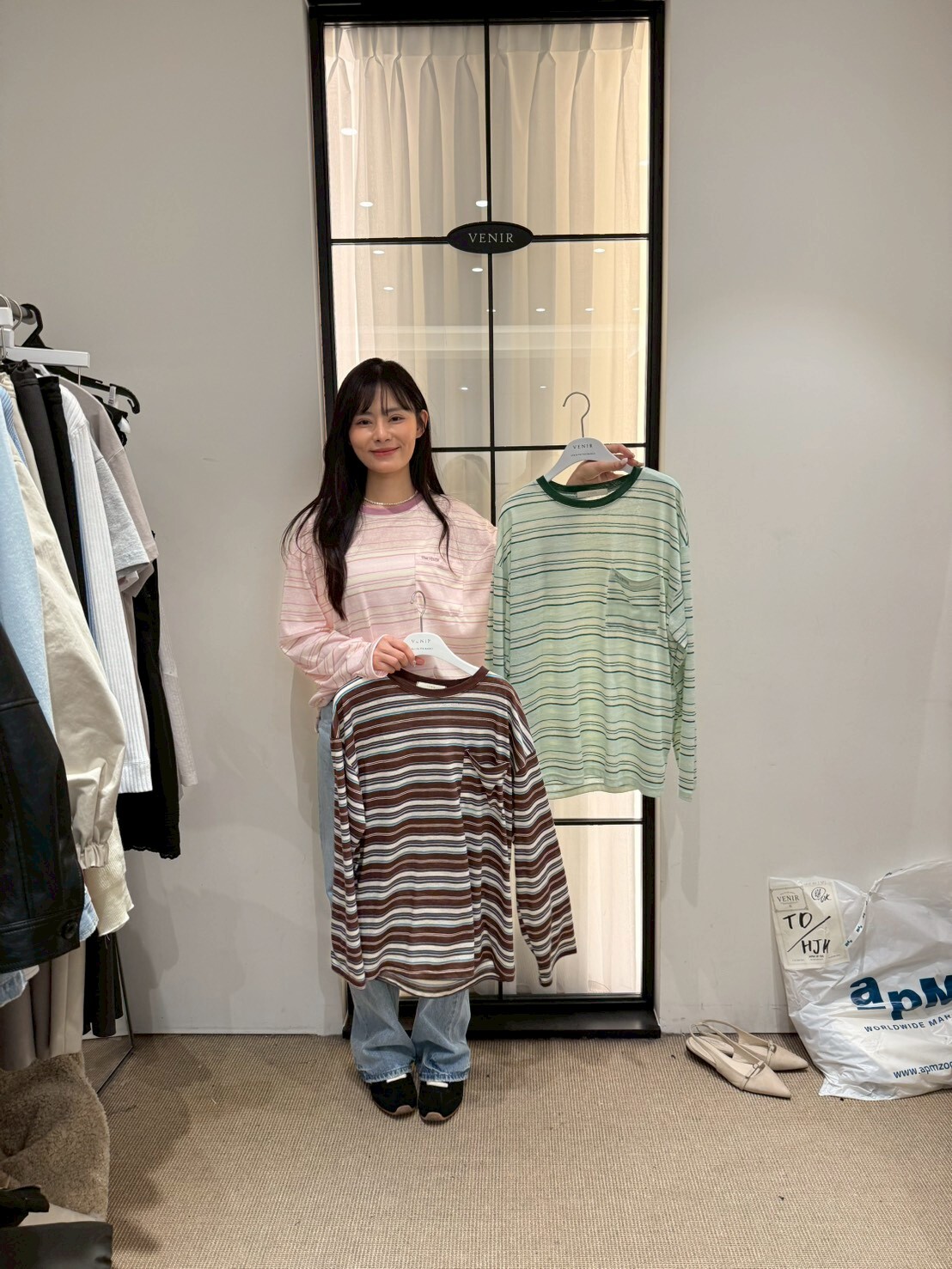 VR6010 清新配色條紋前口袋長袖上衣