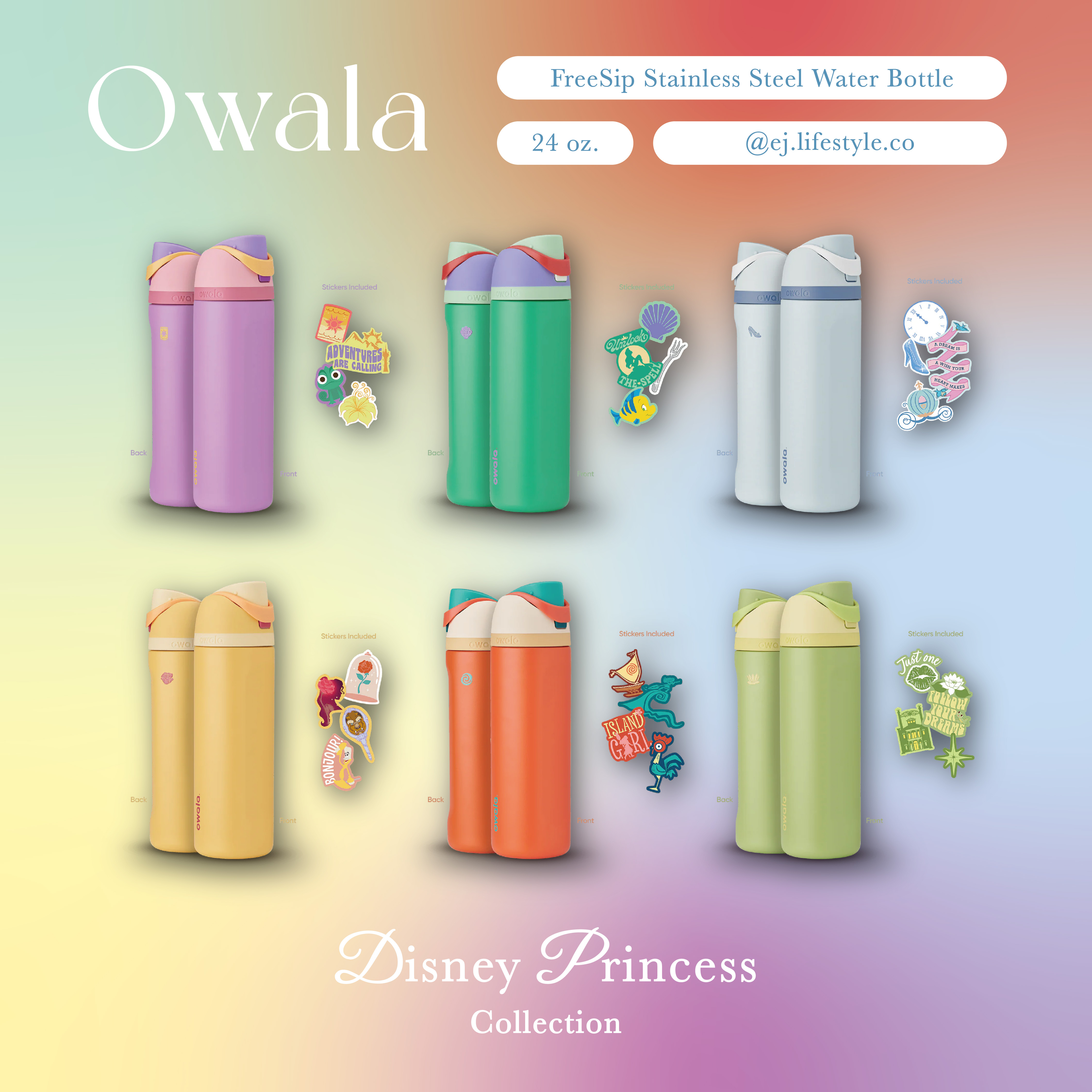 🇺🇸 OWALA Disney Princess Collection 迪士尼公主系列 FreeSip Stainless Steel Water Bottle 撞色 不鏽鋼保溫杯 直飲杯 吸管杯  24oz 710ml / 預購