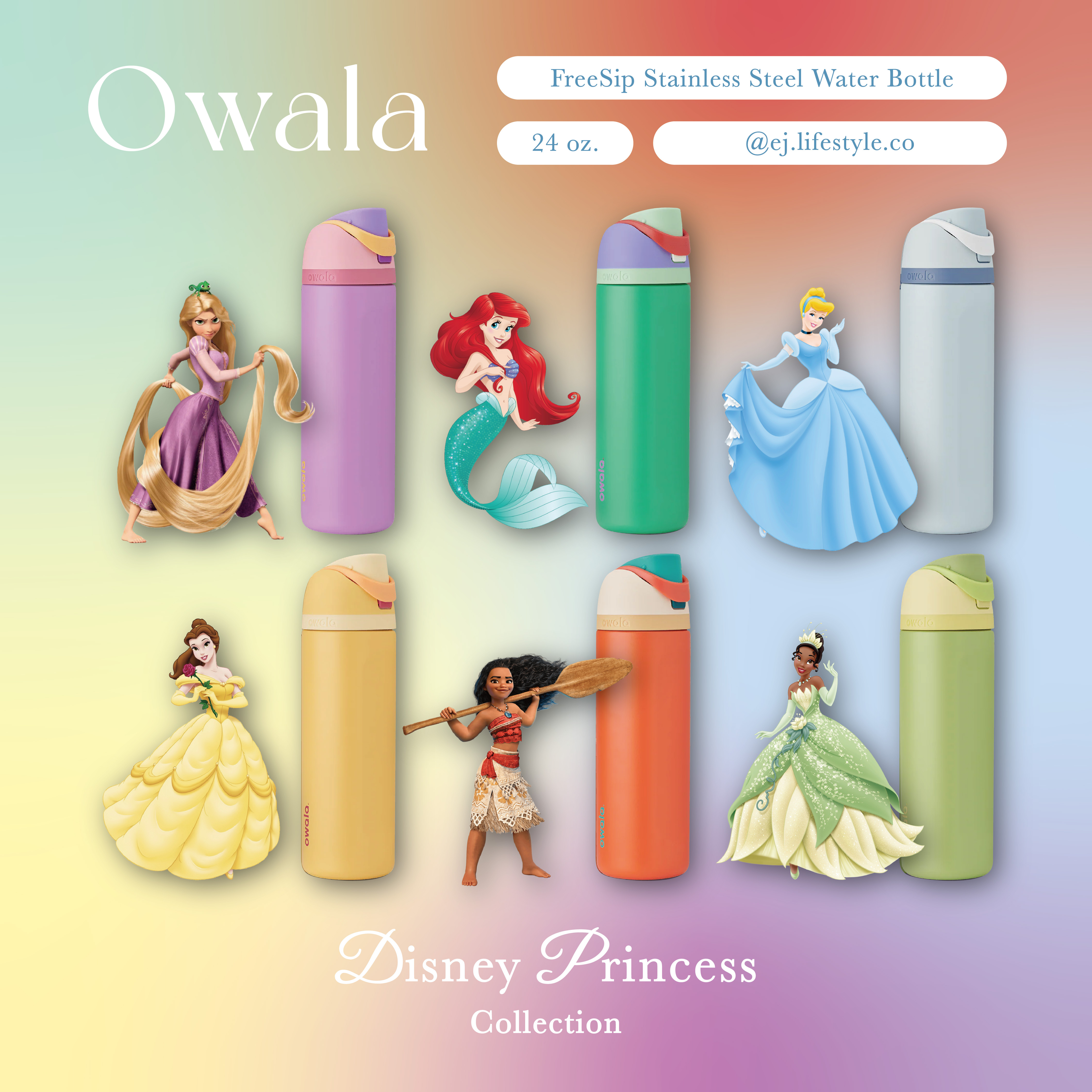 🇺🇸 OWALA Disney Princess Collection 迪士尼公主系列 FreeSip Stainless Steel Water Bottle 撞色 不鏽鋼保溫杯 直飲杯 吸管杯  24oz 710ml / 預購
