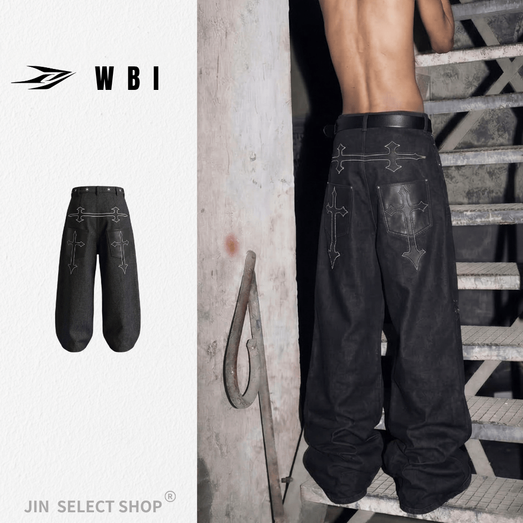 WBI 26SS WCE-02 皮革拼接口袋十字架 單寧牛仔褲 長褲 原色