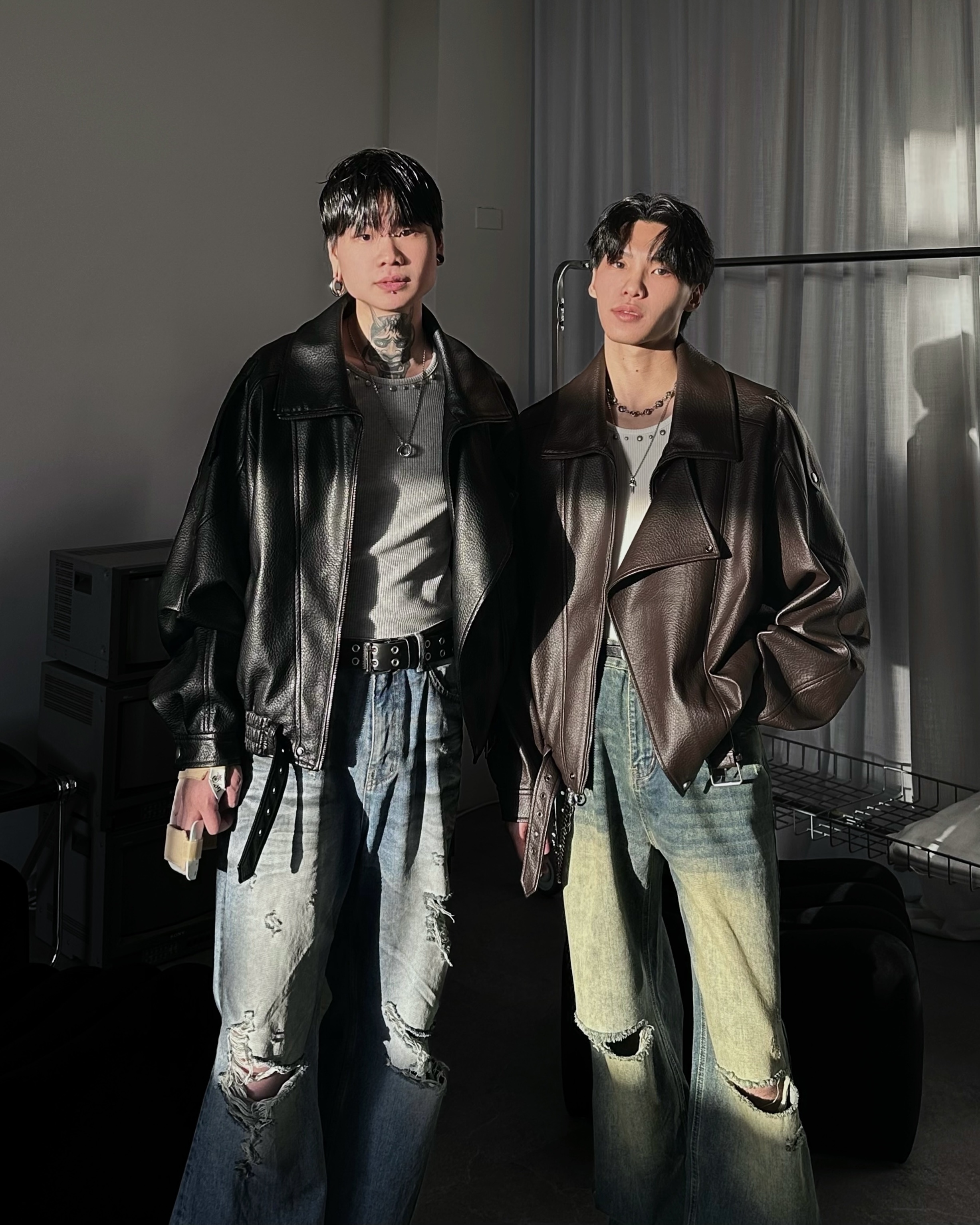 𝐇·𝐓·𝐒 韓國 復古騎士 雙層翻領 皮革 厚磅 寬大版型 長袖 外套