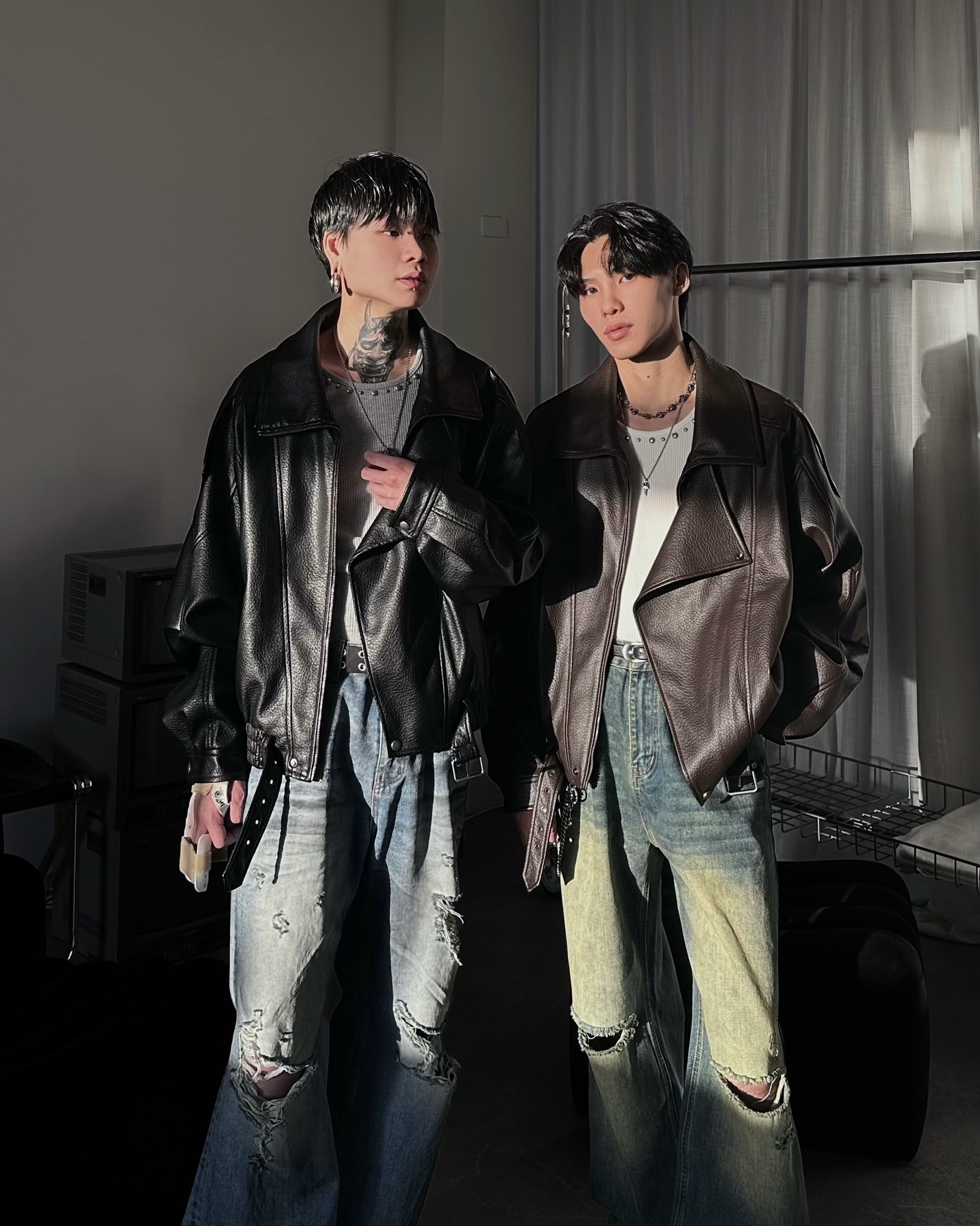 𝐇·𝐓·𝐒 韓國 復古騎士 雙層翻領 皮革 厚磅 寬大版型 長袖 外套