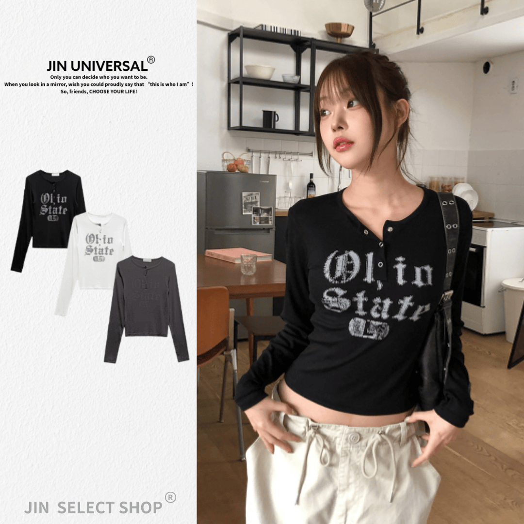 韓國🇰🇷 Crack Snap 半開襟 按扣 裂紋 文字 修身 長袖上衣（3color）