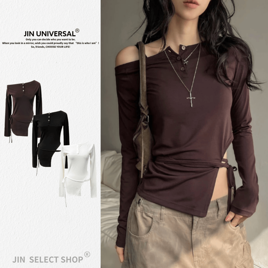 韓國🇰🇷 Straps Snap T 排扣 綁帶 開叉 露肩 修身 長袖上衣（3color）