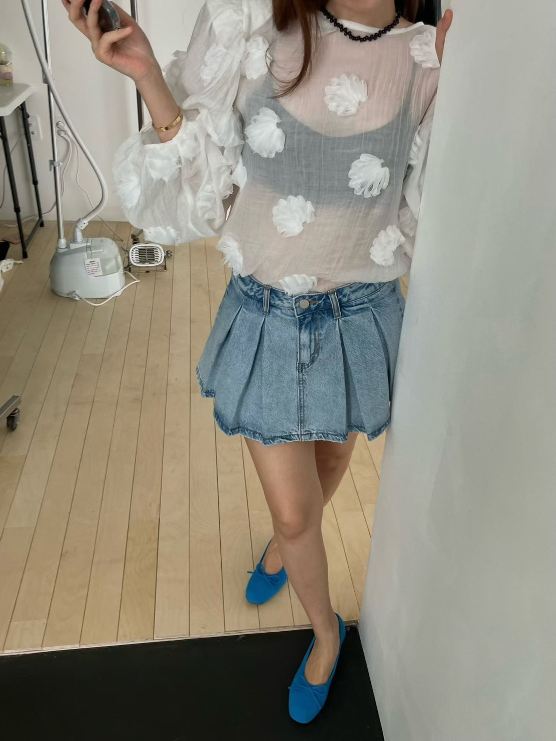 A寬折牛仔短褲裙
