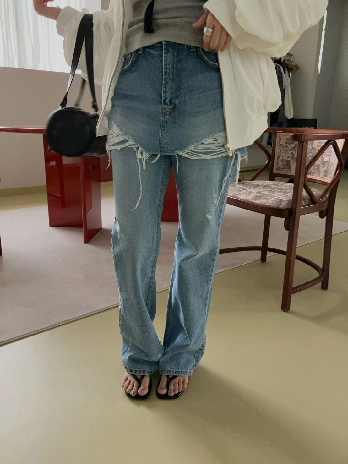 破損短裙拼接牛仔長褲