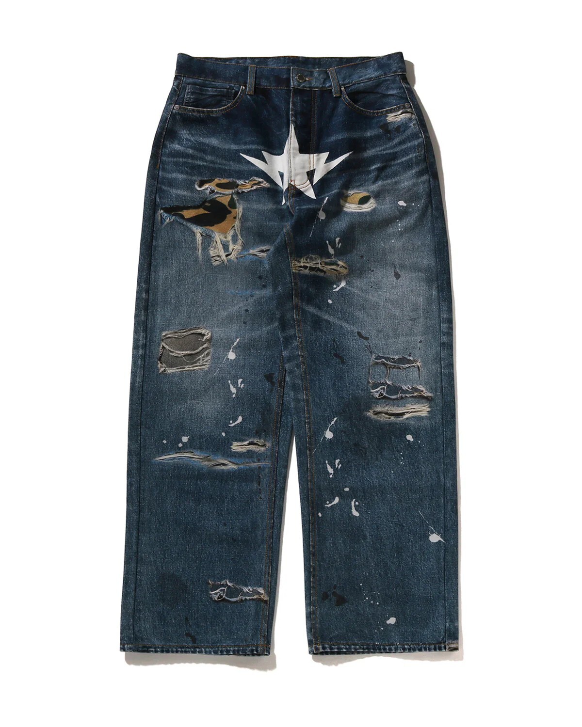 -(B3a03)-A BATHING APE BAPE STA FAKE PRINT DENIM PANTS 假破壞印刷 流星 牛仔褲 黑色/藍色-1M20150303