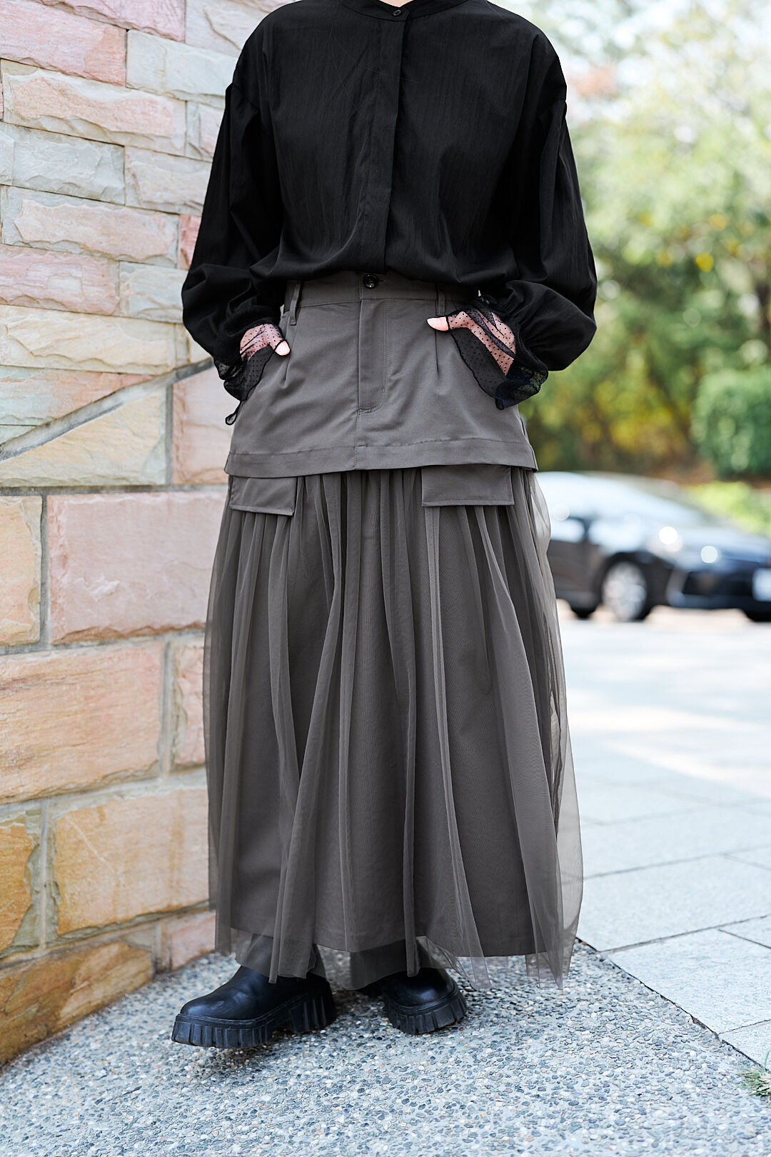 不落幕！2way斜紋布拼接網紗裙(兩色-木炭灰)