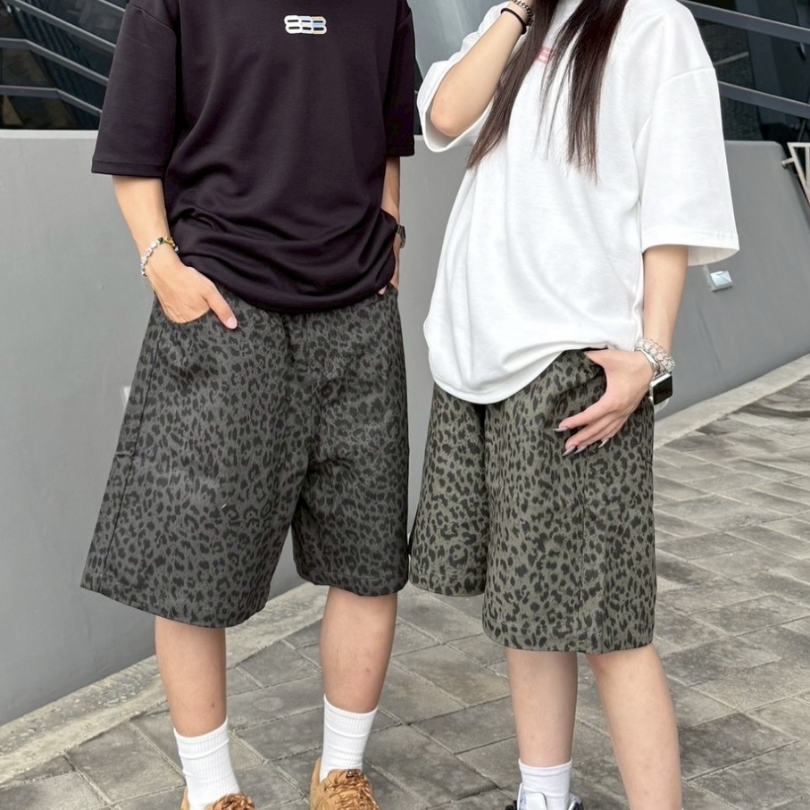 豹紋短褲 寬鬆 三色 街頭 個性 膝下褲 褲子