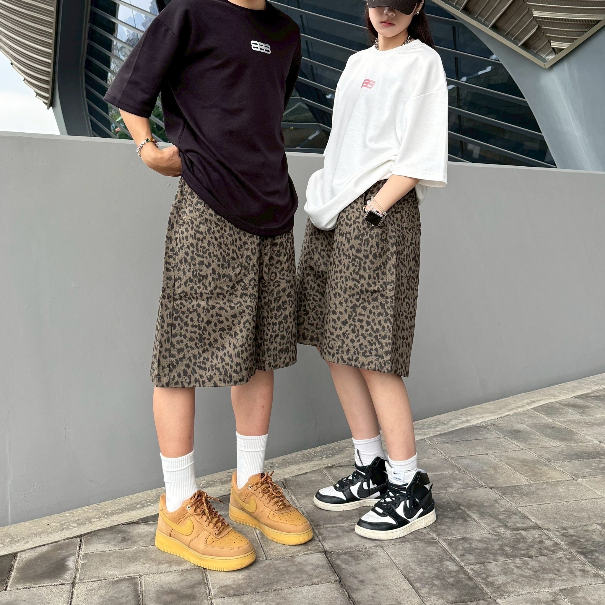 豹紋短褲 寬鬆 三色 街頭 個性 膝下褲 褲子