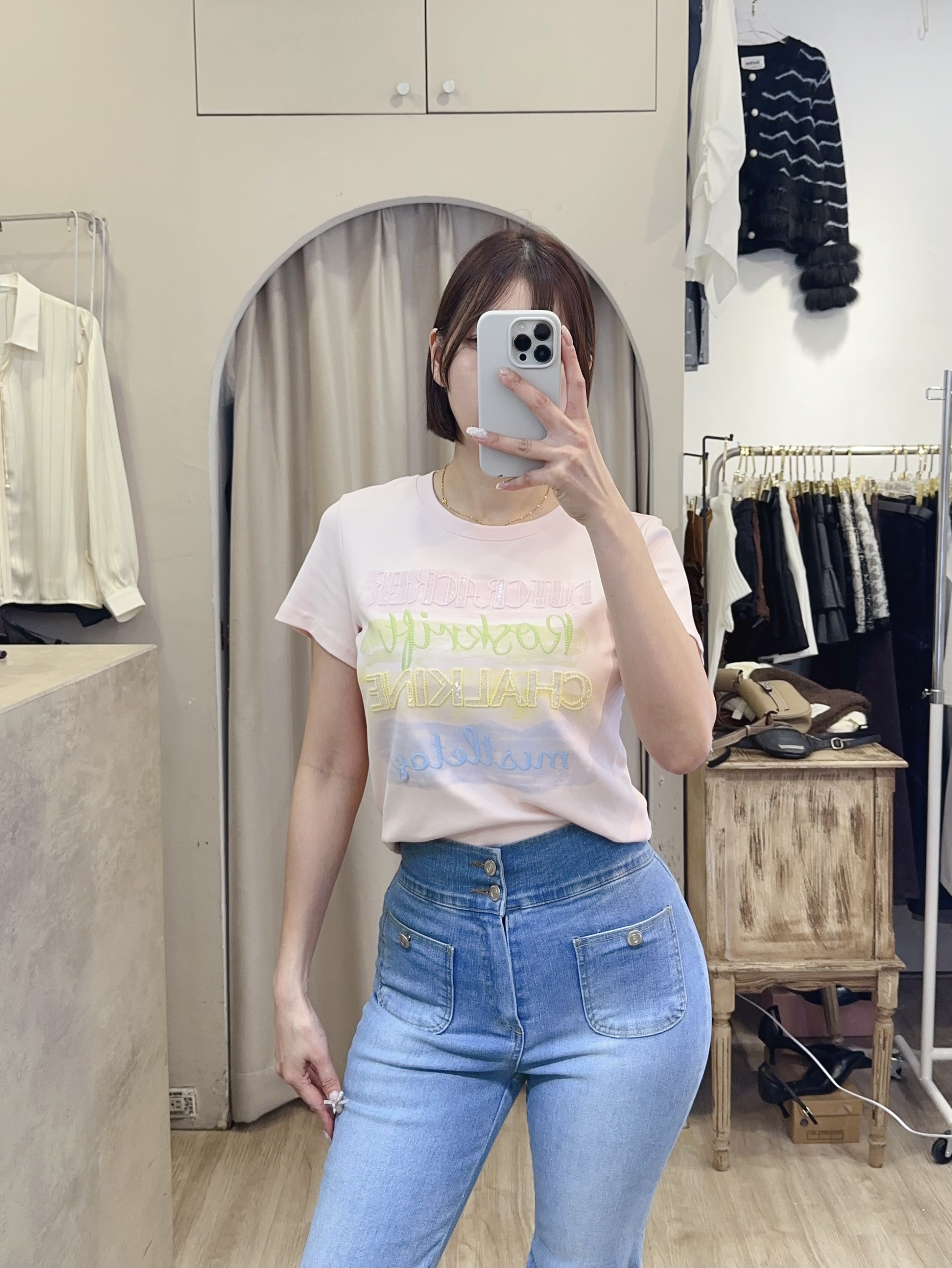 彩字小亮片英字短ＴＥＥ 白粉