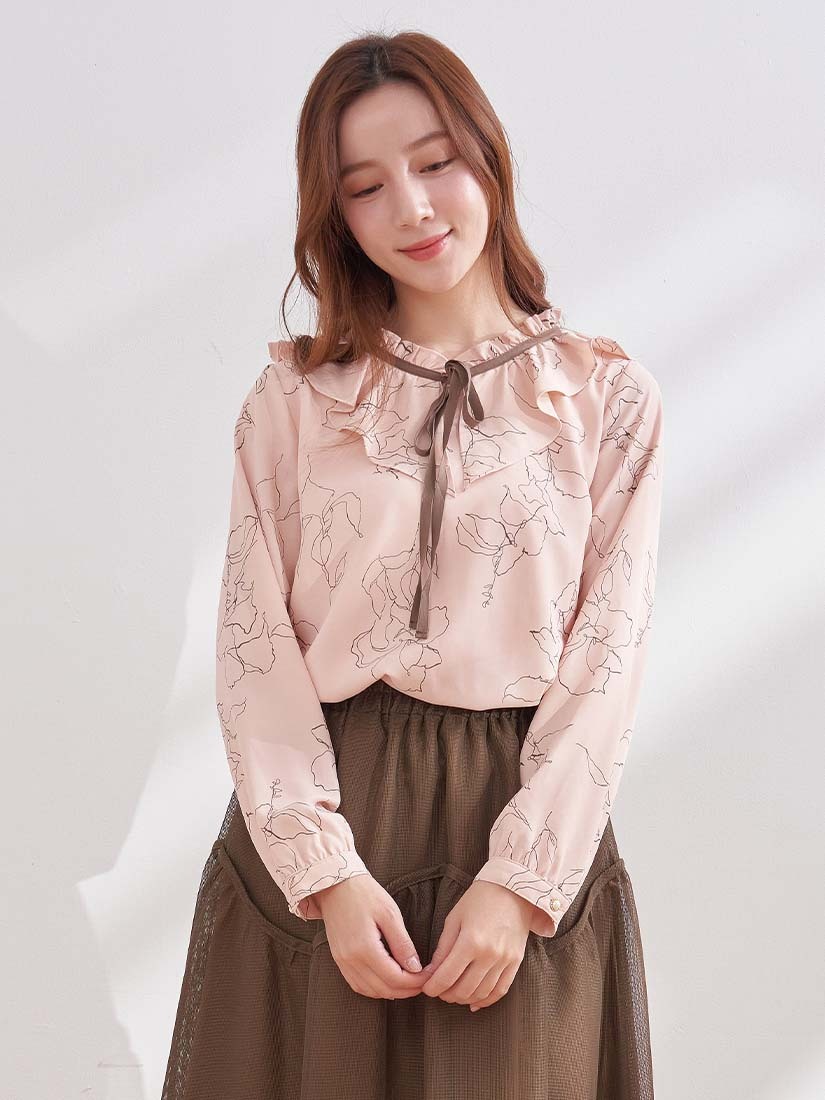 印花荷葉領厚雪紡上衣