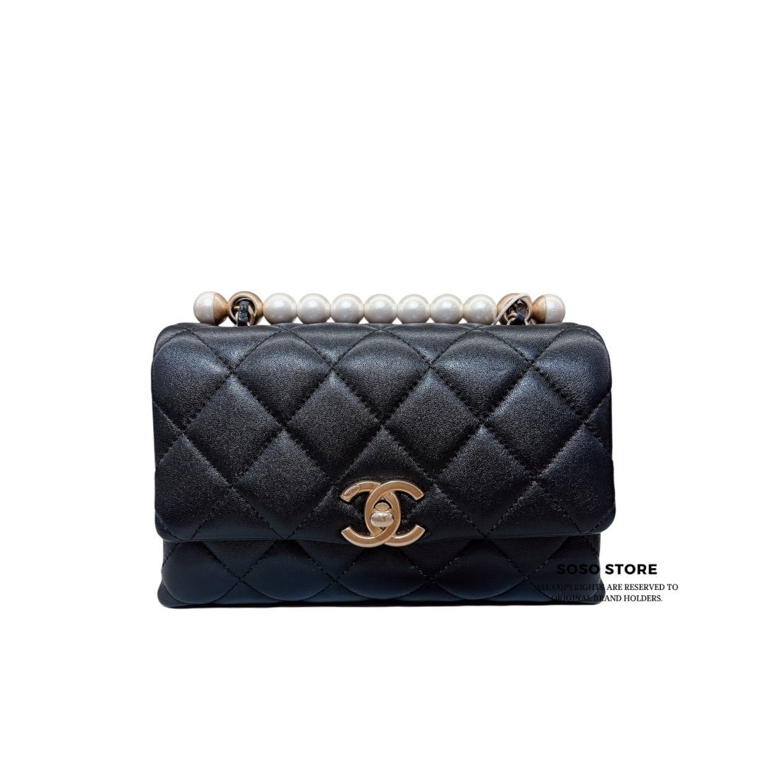 Chanel Mini Rectangular with Pearl Top Handle - Black / GHW
