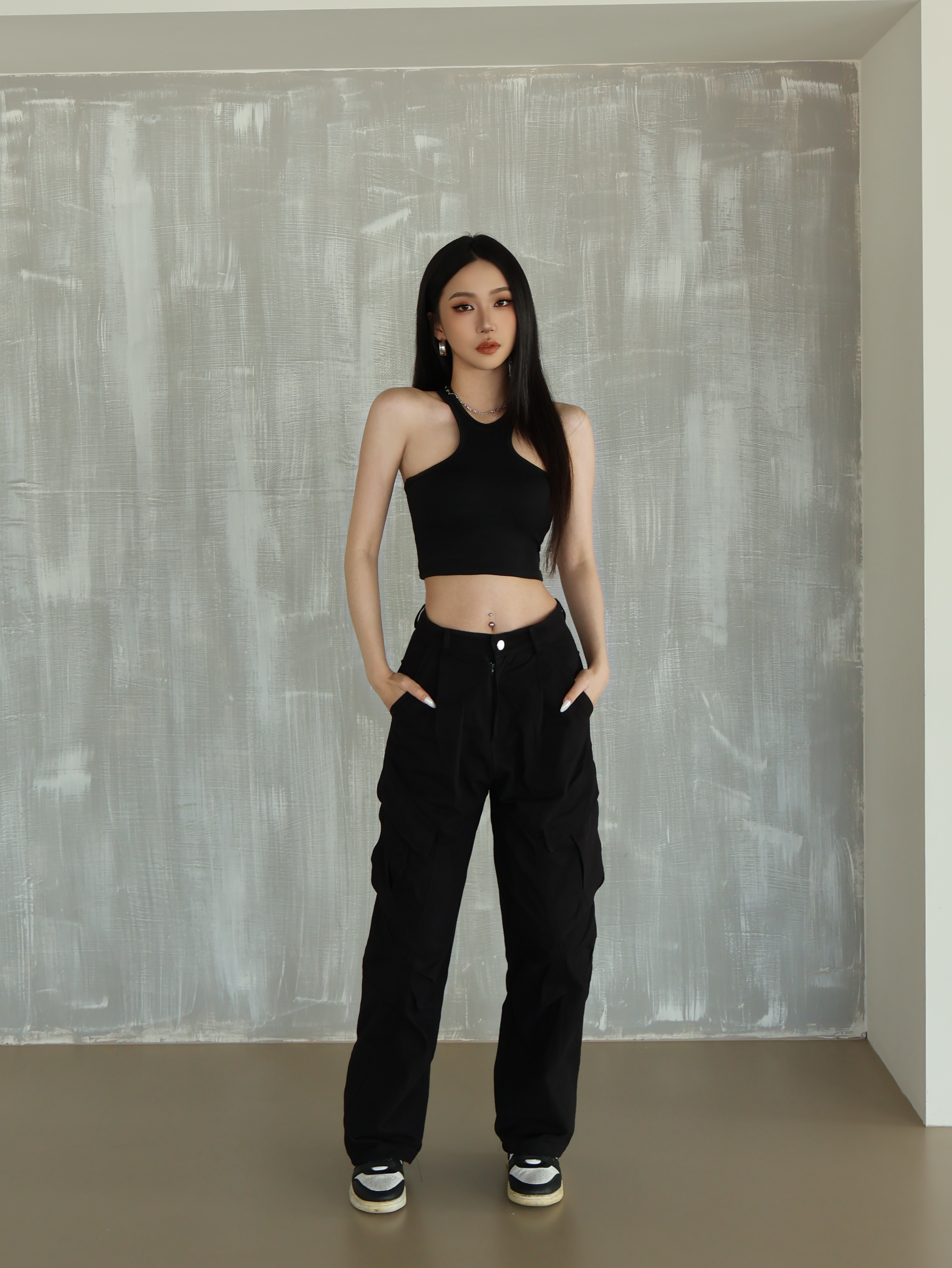 工裝抓皺直筒褲