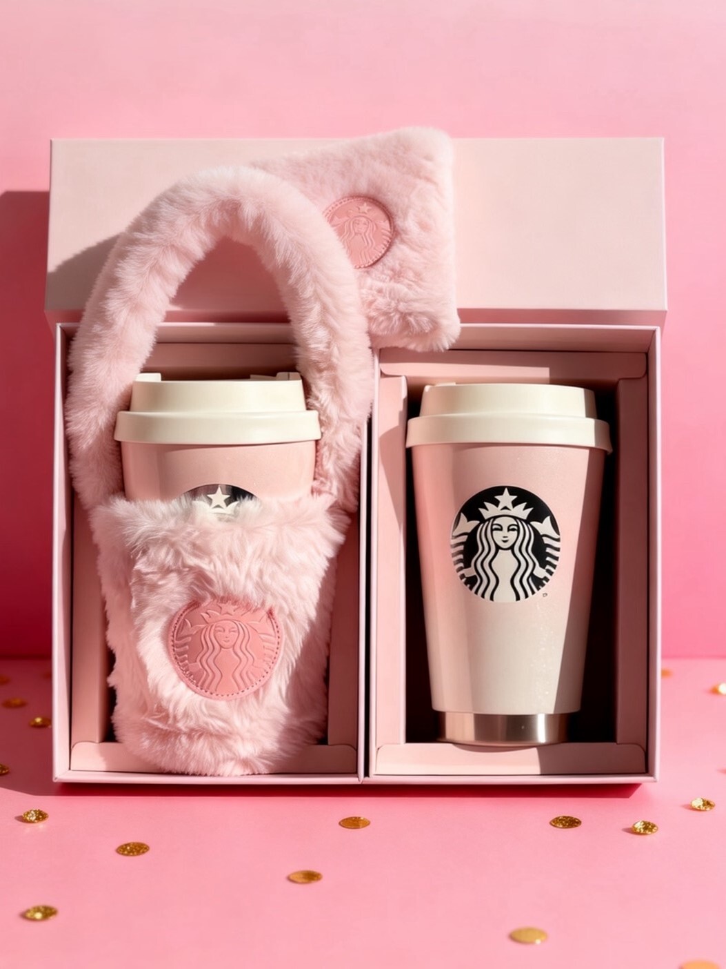 Starbucks 星巴克 漸層粉白 隨行杯+毛毛杯套 禮盒組