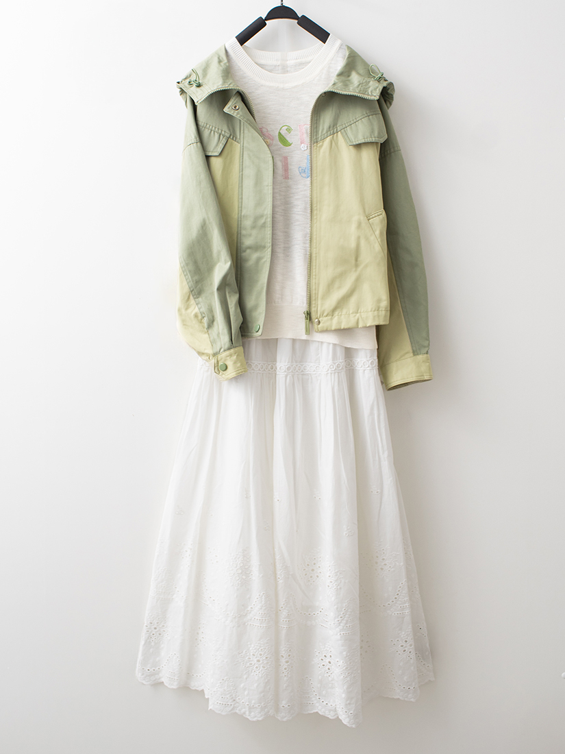 連帽風衣微透膚針織上衣蕾絲織帶繡花棉長裙組合