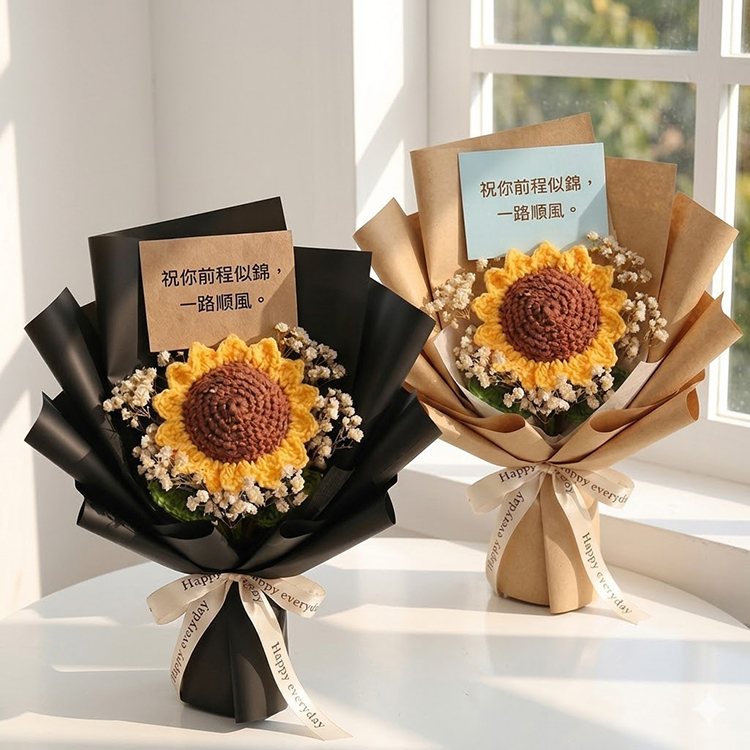 白色桌上並排擺放兩束手工編織的向日葵花束，左邊為黑色包裝搭配棕色祝福卡，右邊為牛皮紙原色包裝搭配淺藍色祝福卡。兩束花均點綴白色滿天星並繫有「Happy everyday」緞帶，背景為明亮的窗台。