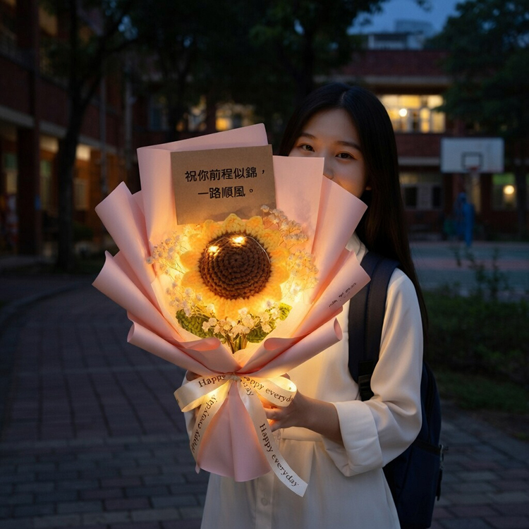 在黃昏微暗的校園場景中，一名穿著白色上衣的女學生捧著發光的巨型編織向日葵花束。粉紅色包裝的花束內部纏繞著溫暖的 LED 燈串，點亮了向日葵與滿天星，花束上附有「祝你前程似錦，一路順風」的卡片，營造出唯美且浪漫的畢業氛圍。