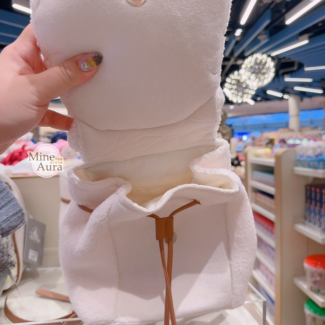 小熊維尼 Winnie the Pooh 大頭造型 雪白色 絨毛 束口 後背包 -香港迪士尼樂園