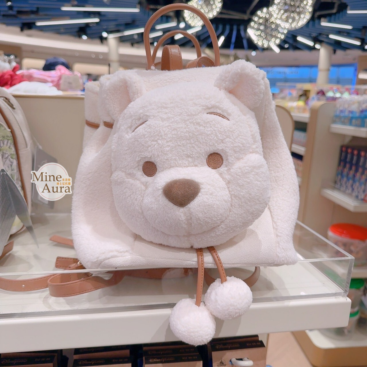 小熊維尼 Winnie the Pooh 大頭造型 雪白色 絨毛 束口 後背包 -香港迪士尼樂園
