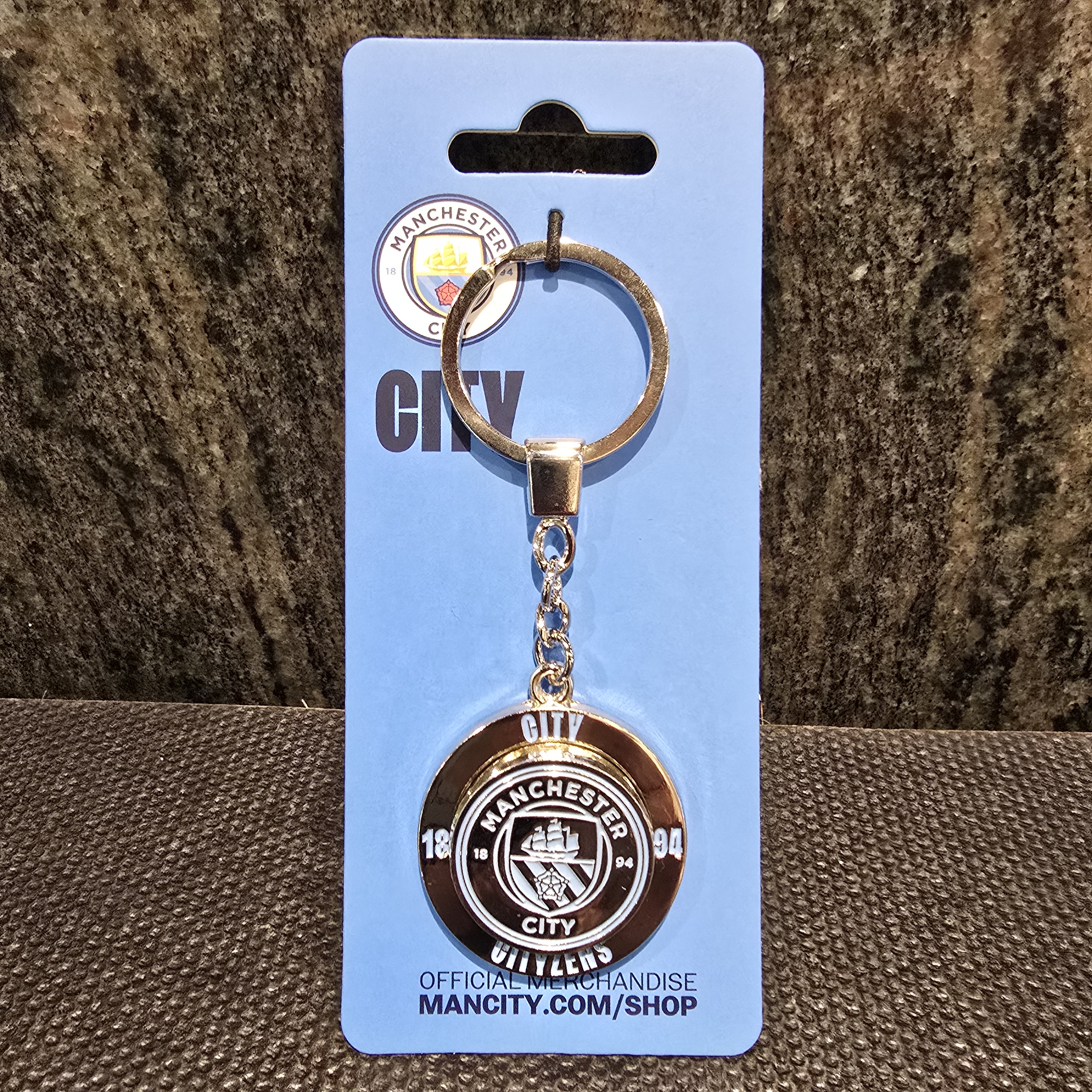曼城銀淺藍色旋轉會徽鎖匙扣