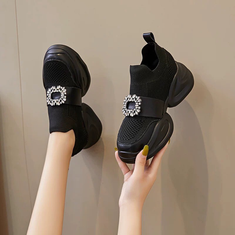 設計師家真皮拼接網針織內增高方釦休閒鞋