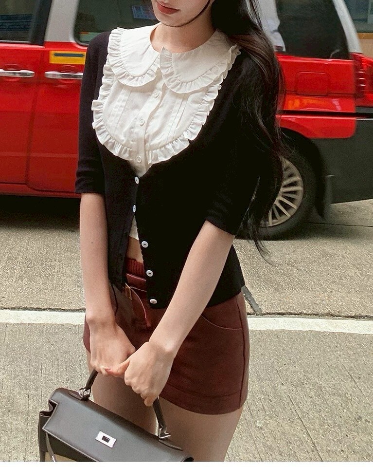 設計師家無袖娃娃領襯衫+大圓領針織外套