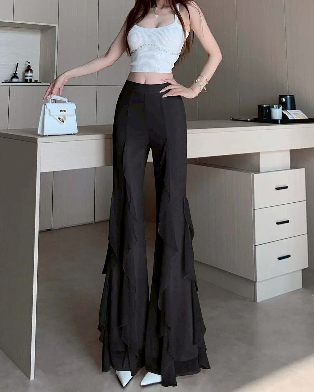 設計師家垂墜雪紡後鬆緊長褲