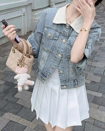 設計師家拼接奶油色領子短版牛仔外套