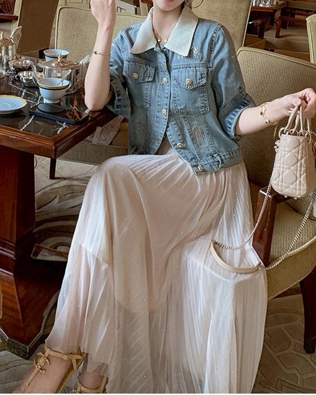 設計師家拼接奶油色領子短版牛仔外套